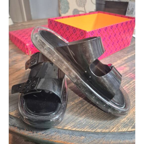 TORY BURCH $228 BLACK BUCKLE JELLY SLIDE SANDAL Shoes Sz 9 Summer Beach pool - Picture 4 of 16